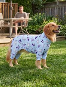 Dog Summer Shedding Hair Control Pajamas - Breathable High Stretch Full Coverage Pet Rompers, Summer Anti Licking & Bug Protective Jumpsuit For Medium Large Dogs, All Over Printing Dog Clothes - Cute Blue With White Stripe And Dog Pattern - Multicolor - View 5