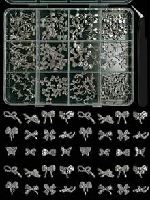 1Box Silver Alloy Bow Nail Charms Kit -12 Grids Mixed 3D Rhinestone Bow Nail Decorations Perfect For Daily Manicure For DIY Craft Nails - Silver - View 5