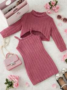 Baby Girl Solid Cami Dress & Mock Neck High Low Hem Tee - Hot Pink - View 1