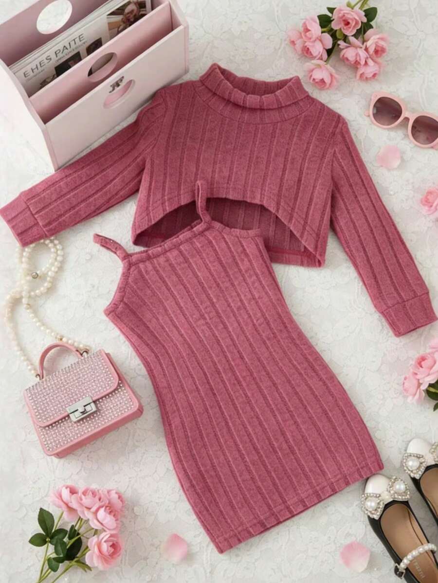 Baby Girl Solid Cami Dress & Mock Neck High Low Hem Tee - Hot Pink - View 1