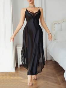 Sling-Style Long Nightgown In White And Black With Side Slits, High-End Thin V-Neck Over-Knee Slip Nightdress - 黑色 - 查看 3