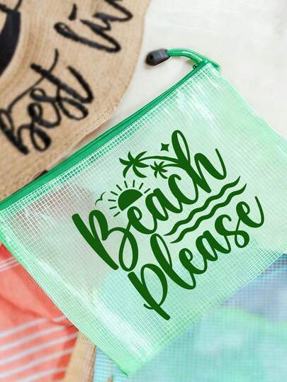 1pc Waterproof Fashion Beach Bag With "Beach Please"Sun And Coconut Tree Color Printing. Large Capacity Transparent Cosmetic Bag With Zipper - Lightweight, Spring And Summer Storage, Durable, For Swimming, Beach, Diving And Summer Vacation, Students Return To School, Sun Protection Storage Bag, For Friends, Family, Besties, Classmates. Perfect Gift And Souvenir For Birthdays, Holidays, Parties, Weddings (Bridesmaids), Mother's Day, Teachers' Day