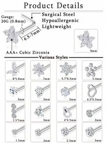 17件套简约炫彩长/短/宽骨形螺丝款不锈钢低敏AAA+立方氧化锆鼻钉（雪花/蝴蝶/心形/花朵造型），适合日常佩戴和派对场合 - 多款式 - 查看 3