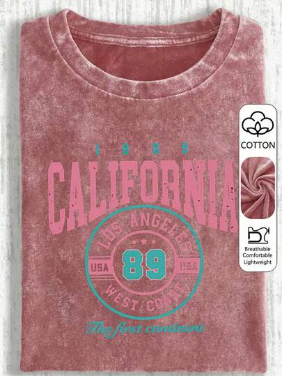 Plus Size Women's Casual Los Angeles 89 West Coast USA 1889 Vintage Graphic Round Neck Short Sleeve T-Shirt, Back To School Summer Outfit, Summer Clothing, Summer Vacation Wear, Summer Tops
