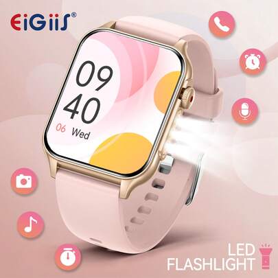 EIGIIS 1.96" HD Screen Women's Smart Watch With LED Flashlight, 100+ Sports Modes, Health Monitoring, Compatible With IOS And Android, Suitable As Gift For Girlfriend/Relatives On Mother's Day