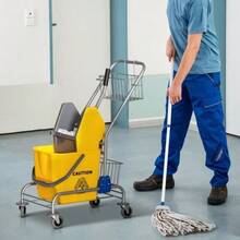Cleaning Bucket, Mop Bucket, On Wheels, Plastic, Metal Handle, Yellow - View 3