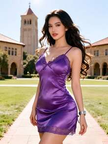 Vestido De Lencería Con Adorno De Encaje Transparente, Tentación Con Tirantes, Vestido Ajustado Con Pecho Hueco Y Suave, Conjunto De Productos De Pasión De Cama, Nueva Ropa Audaz Y Expuesta, Lencería Exótica Y Tentadora, Camisón Con Abertura En Negro - 紫色 - 查看 2