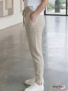 Women's Knit Pants With Ribbed Hem, Tie Waistband With Elastic, Knit Fabric, Autumn/Winter Fashion - 沙 - 查看 3