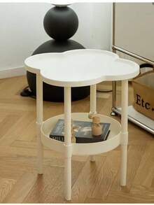 1pc Cloud-Shaped Cream White Solid Wood Edge Side Table | Double-Layer Storage + Petal Tabletop, Korean Ins Style Small Coffee Table, Lightweight Bedside/Living Room/Balcony Placement, Storage Table - Multicolor - View 5