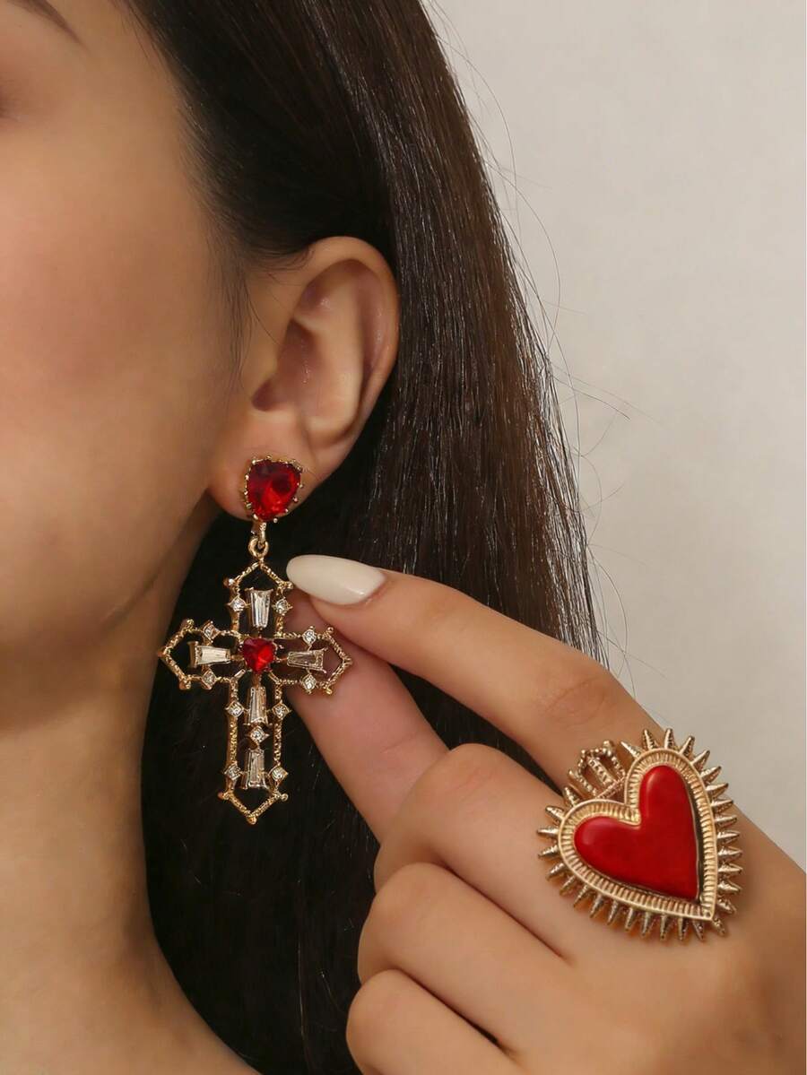 1 Pair Women's Multi-Color Crystal Cross Earrings, Suitable For Various Occasions - WEH2593 Hollow Red Cross Earrings - View 1