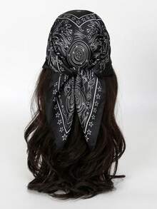 1pc 27.6"X27.6" Women's Small Satin Printed Scarf/Headband/Neckerchief/Hair Tie/Thin Scarf/Shawl, Suitable For Dresses - Black Star - View 1