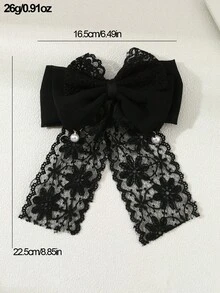 1个女士优雅蕾丝珍珠蝴蝶结发夹，黑色，适合春夏日常休闲佩戴 - 黑色 - 查看 5