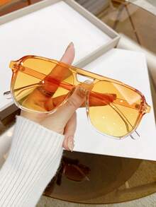 1pc Unisex Tortoise Shell Color Square Frame Double Bridge Pilot Style Fashion Glasses For Vacation Boho Shades Beach Accessories Beach Accessories For Women Glasses Shades Basics Fall Winter Women Outfits Clothes Business Casual Gifts Leopard - Orange - View 4