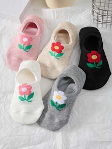5 Pairs Women Floral Pattern Invisible Socks, Comfortable Breathable Suitable For All Seasons, Random Colors - Multicolor - View 7
