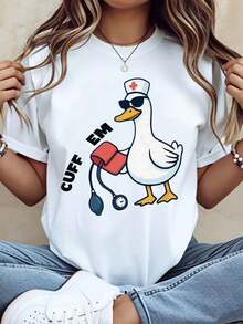 Duck Nurse Cuff Em T-Shirt Funny Medical Cartoon Animal Shirt For Women Men Unisex Casual Wear Gift Idea For Nurses Doctors Healthcare Workers Birthday Christmas Holiday Present,220g - 白色 - 查看 2