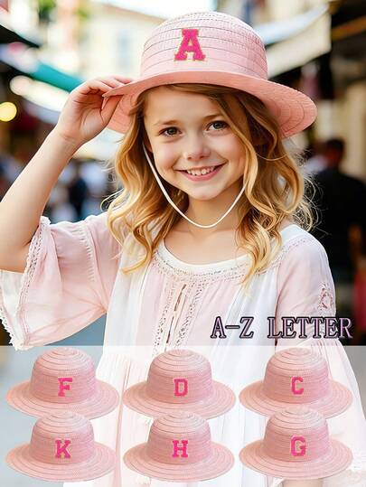 1pc Kids Cute Pink Straw Hat, A-Z Letter Pattern, Girls Sun Protection Hat, Lightweight & Breathable, Essential For Beach & Vacation, With Elastic Wind Rope, Summer Travel Must-Have, Suitable For 2-8 Years Old