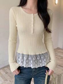 甜美修身V领针织开衫，优雅春夏外套 - 杏色 - 查看 2