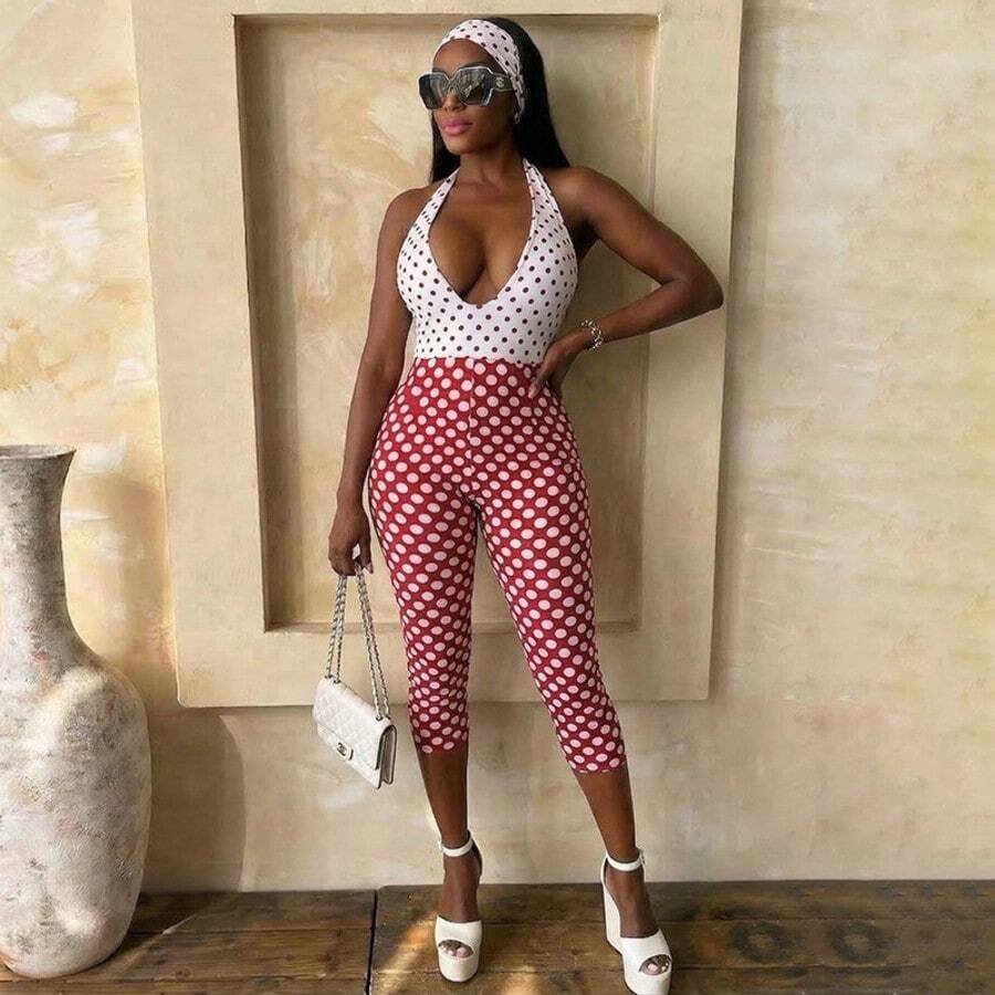 Fashionable Casual Stylish New Women's Wear Simple Creative Tight Sexy Black And White Polka Dot Jumpsuit - 紅色 - 查看 1