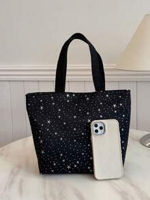 Portable Insulated Lunch Bag; Thickened Cute Fruit Lunch Bag For Students; Asymmetrical Black Starry Lunch Bag - Black - View 2