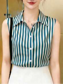 Women's Sleeveless Button-Up Shirt, Striped Pattern Loose Fit Summer Top, Elegant Collar, Machine Washable For Casual Or Formal Occasions, Opaque Fabric, Single-Breasted Blouse - Dusty Blue - View 12
