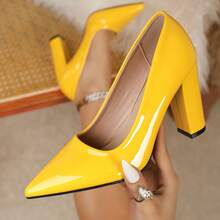 Women's Bright Yellow Patent Leather Block Heel Pumps – Elegant Pointed-Toe High Heels For Parties & Daily Wear - vàng nhạt - Xem 14