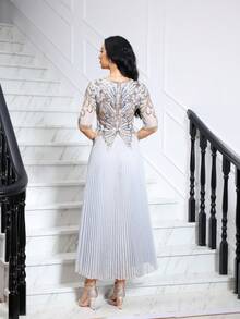 JINLICX 灰色V领亮片褶裥半身裙 - 派对鸡尾酒会晚礼服 - 銀色 - 查看 5