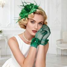 Fascinators Hats For Women And Tea Party Gloves Set Headband With Feather Pearl Veil For Wedding Cocktail Dresses - 綠色 - 查看 6