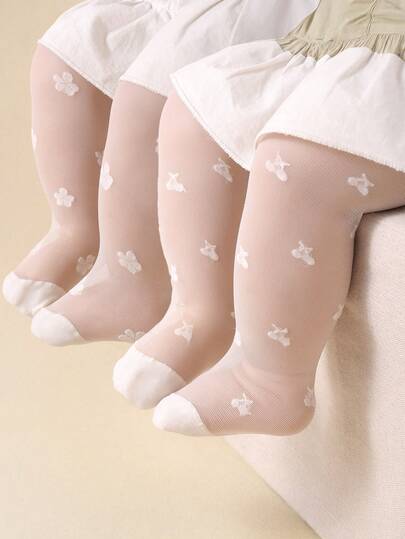 2/1 Pair Random Cute Cherry & Floral Jacquard Baby Socks/Tights, Suitable For 0-36 Months Baby Girls, Can Be Matched With All Clothes And Dresses, Refreshing Summer Outfit, Ideal For Birthday Party And Gift, Made Of Soft And Skin-Friendly Velvet Fabric, Comfortable, Valentine's Day Gift