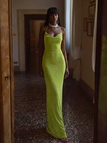 Solid Color Shoulder Knit Backless Fitted Cocktail Dress, Evening Gown, Suitable For Formal Dinners, Parties, Vacations And Other Occasions Party Spring Wedding - Green - View 1