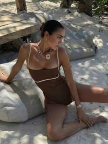 女士新款无肩带连体泳衣，性感休闲纯色沙滩度假派对装，春夏款 - 咖啡棕 - 查看 7