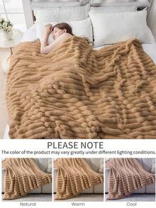 South Life 1pc Throw Blanket, Bedding, Cozy And Warm Blanket, Lightweight Soft And Comfortable, Solid Color Series, Minimalist And Stylish Design, Suitable For Sofa, Bedroom, Living Room, All-Around Comfort, Travel Use, Nap Blanket, Reference Size Image, Multiple Sizes Available, Machine Washable, Back To School Season, Room Decor, Fathers Day Gift, Birthday Decorations, Grad Party Decor, Fathers Day Decor, Graduation Gift, Birthday Gift - 純色抽條毛毯卡其色 - 查看 8