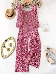 Women's Plus Size Red Floral Wide Leg Jumpsuit - Smocked Bodice Puff Sleeve Square Neck Jumpsuit, Lightweight Breathable One-Piece Outfit For Daily & Weekend Outings - 紅色 - 查看 1