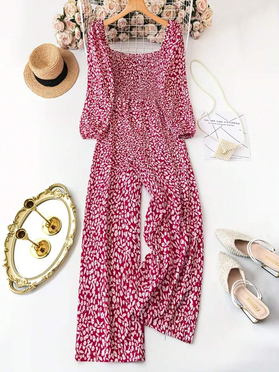 Women's Plus Size Red Floral Wide Leg Jumpsuit - Smocked Bodice Puff Sleeve Square Neck Jumpsuit, Lightweight Breathable One-Piece Outfit For Daily & Weekend Outings - 紅色 - 查看 1
