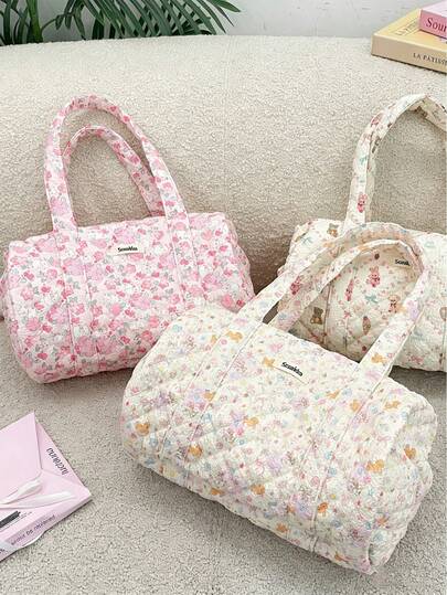 1 Túi đựng tã/túi xách cho mẹ cỡ lớn in hình cún con/hoa dễ thương (nhiều màu để lựa chọn), túi đeo vai/túi du lịch họa tiết hoạt hình tiện dụng đựng các vật dụng cần thiết cho mẹ để đựng bình sữa, khăn giấy, quần áo thay cho trẻ, tã, bình nước, khăn ướt, đồ ăn nhẹ, đồ chơi, v.v.