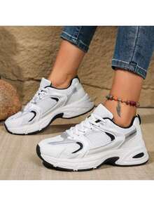 American Retro Contrast Color Running Shoes, Mesh Breathable, Thick Bottom Cushioning, Campus, Street, Daily Wear Template, Running Shoes To Grasp The Relaxation Feeling, 5cm High Casual Shoes - 黑白 - 查看 4