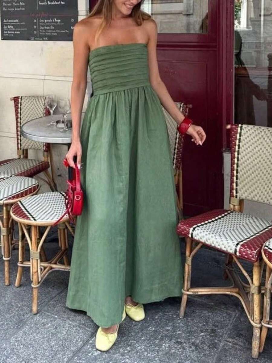 PoPoHouse Women's Elegant Maxi Dress Sexy Backless Strapless Ruched Bodice Flowy Maxi Dress Daily Casual Summer Beach Vacation Party Going Out Outfit Green Dress - Green - View 1