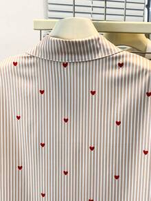 Women's Short Sleeve Striped Shirt With Heart Print Pointed Collar - Casual Elegant Office Commute Daily Wear, Spring/Summer - Brown Short-sleeved Shirt - View 8