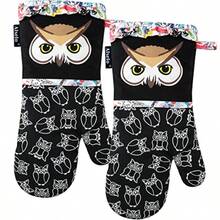 Manoplas de horno resistentes al calor con forro de algodón acolchado suave juego de 2 diseño animal moderno con impresión de silicona guantes de cocina antideslizantes para respaldo - Negro largo - Ver 8