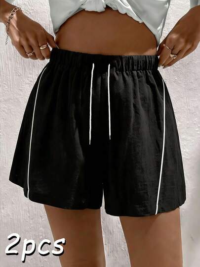 2pcs Women's Sports Shorts, Line Design, Side Pockets, Casual Bermuda Shorts, Nylon Breathable Fabric, Suitable For Running, Daily Wear In Summer