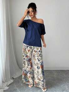 VCAY 2pcs Women Summer Casual Solid Color Asymmetrical Shoulder Top And Floral Print Pants Set - Xanh đậm - Xem 6