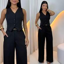 Women's Elegant Tailored Suit: Pants, Vest, And Belt. Stylish Fabric, Evening Wear, Wedding, Vacation, Office. Timeless. - 黑色 - 查看 1