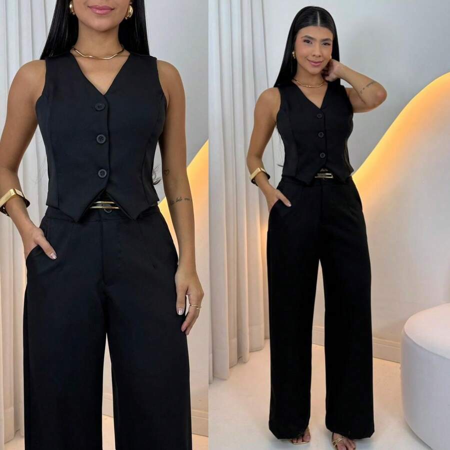Women's Elegant Tailored Suit: Pants, Vest, And Belt. Stylish Fabric, Evening Wear, Wedding, Vacation, Office. Timeless. - 黑色 - 查看 1