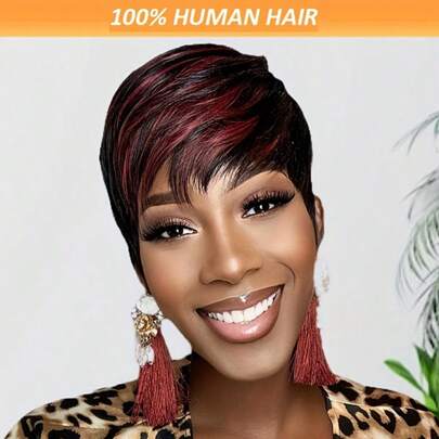 无胶分层短款精灵头假发，带刘海，巴西原生人发，150%密度，双色渐变，1B/27 1B/99J，自然黑渐变草莓金/酒红色精灵头假发，全机织假发，适合女性、万圣节派对及日常佩戴。