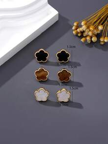 3 Pairs Fashionable Delicate Sweet Black, White, Coffee Brown Clover Stud Earrings Set For Women - Multicolor - View 5