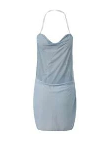 Women's Sequin Halter Neck Mini Dress Sheer Ruffled Hem Flounce Detail Stunning Evening Party Gown  Clubwear - 淺色水洗藍 - 查看 13