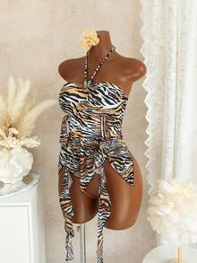 Áo croptop hở lưng, họa tiết sọc động vật mùa hè dành cho nữ, vạt áo bất đối xứng. - Nhiều màu - Xem 4