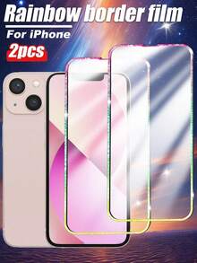 2pcs Colorful Shiny Edged Tempered Glass Screen Protector, Anti-Scratch, Anti-Shock, Waterproof, Ultra-Clear Tempered Glass Screen Protector, Compatible With IPhone 11/12/13/14/15 Pro Max/16 Plus/16 Pro/16 Pro Max/16e/17/17 Air/17 Pro/17 Pro Max Series - Colorful - View 37