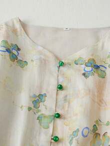 Women's V-Neck Button Printed Dress, Spring/Summer - Yellow - View 10