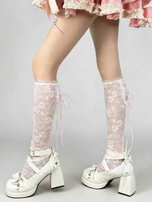 1 Pair Spring/Summer Lace Mid-Calf Socks, Ins Hollow Pearl Net Stockings, Japanese Style Leg Warmers/Knee-High Socks With Ribbon Bow, Lace Pearl Bowknot Ballerina Lolita Slimming Leg Warmers - Multicolor - View 6