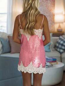 Women Sleeveless Spaghetti Strap Dress Sequin Lace Patchwork V-Neck Mini Party Dress - Hồng - Xem 7